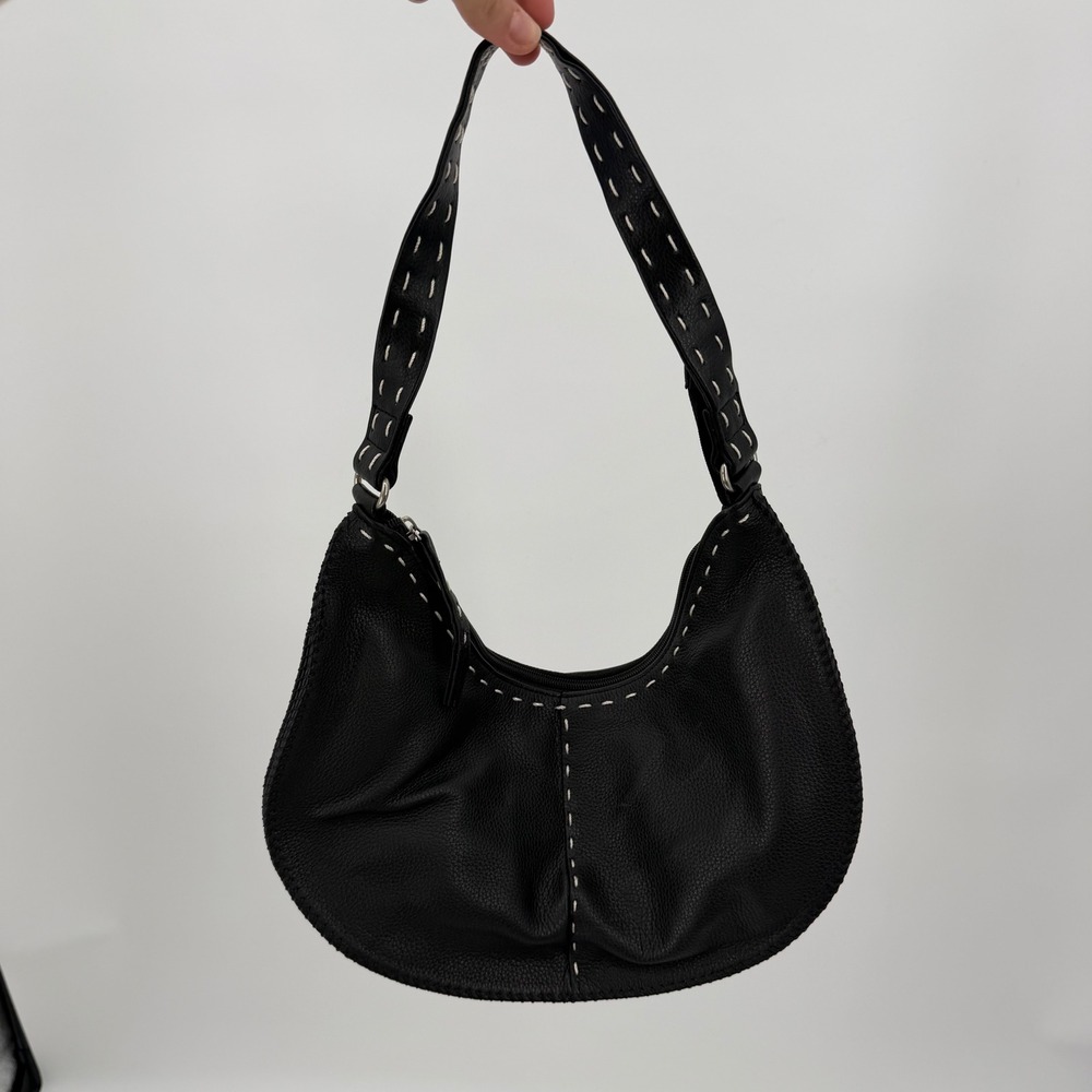 Black Pebbled Leather Crescent Hobo Bag White Whipstitch Shoulder Bag F65737-1